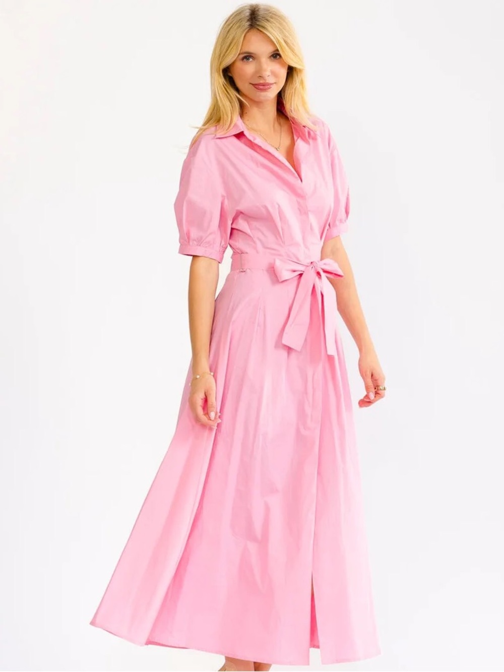 171 • Candy Pink Tie-Waist Shirt Dress | Retro Cotton Bow Tie Dress